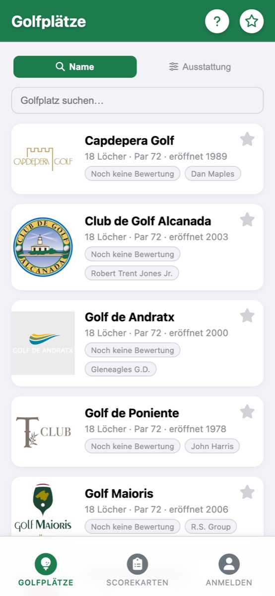 Liste der Golfplätze in der App
